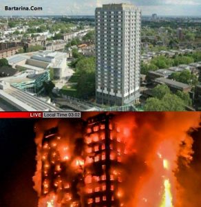 فیلم آتش سوزی برج 27 طبقه مسکونی لنکستر لندن شبیه پلاسکو